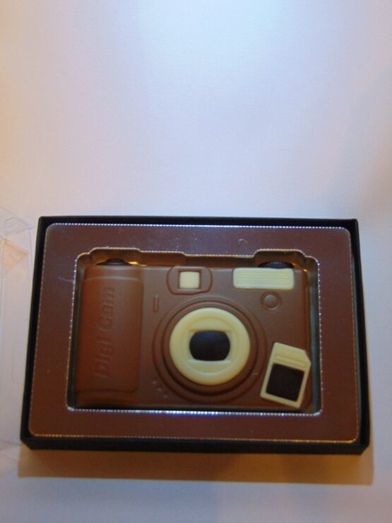Fototoestel in melkchocolade VDV Chcolaterie melkchocolade camera fototoestel in chocolade online bestellen Belgische chocolade