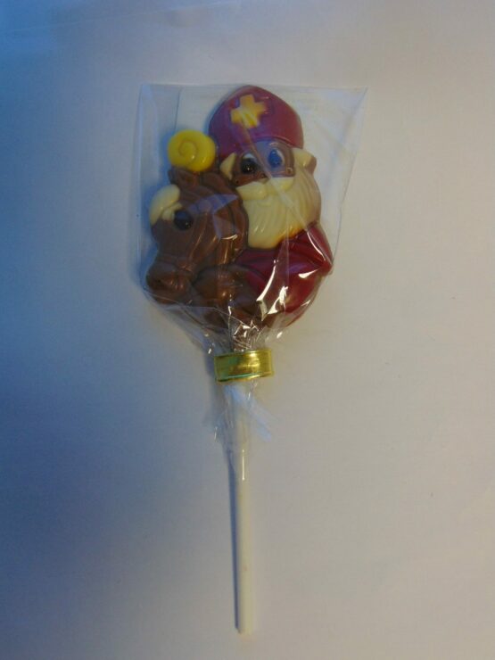 Sint en Piet lolly in melkchocolade VDV Chocolaterie sint Sint Maarten Sinterklaas chocolade sint of piet lolly melkchocolade