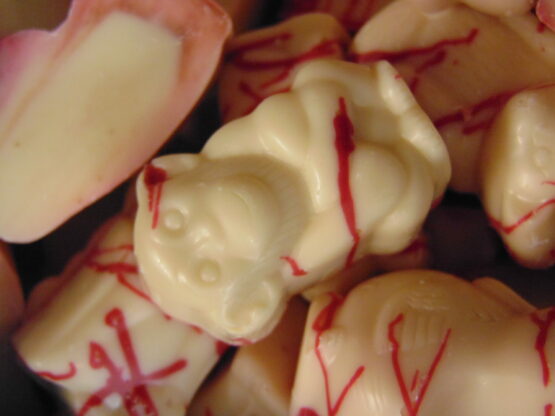 Zoodiertjes gevuld met aardbei VDV Chocolaterie sint Sint Maarten Sinterklaas chocolade zoodiertjes witte chocolade aardbei