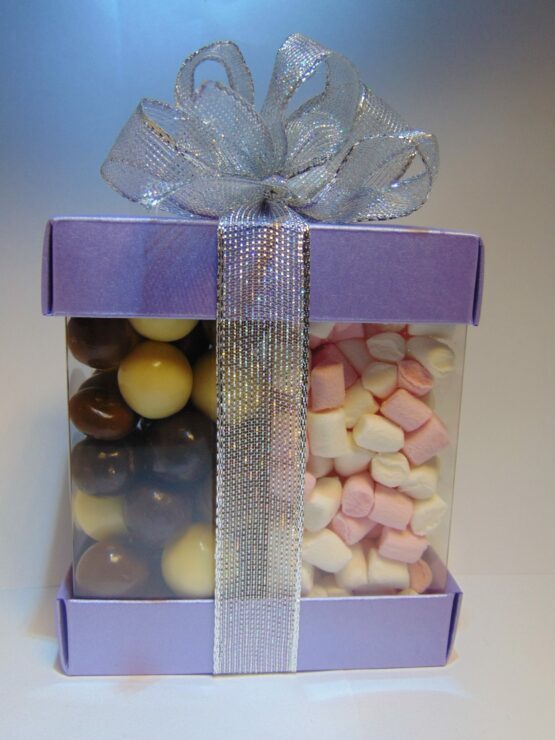 Twee kokertjes met chocolade en marshmallows Column met 2 kokertjes gevuld met chocolade en marshmallows Column met 2 kokertjes met hazelnoten en marshmallows VDV Chocolaterie