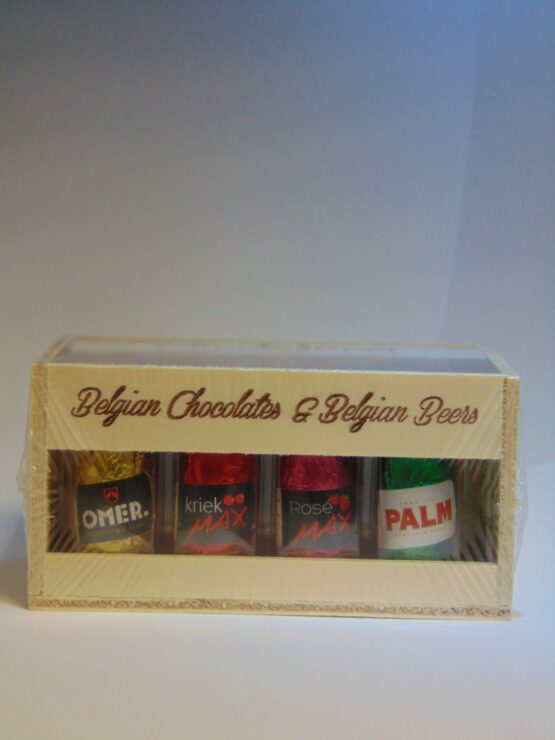 Kratje met 16 gevulde bierflesjes in fondant chocolade VDV Chocolaterie
