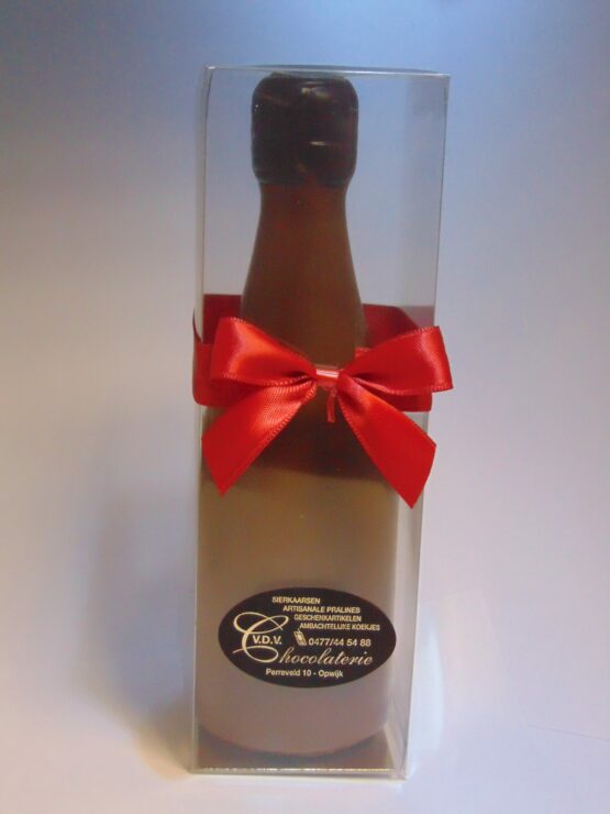Kleine champagnefles in melkchocolade VDV Chocolaterie Chocolade Melk champagneflesje in miccadoos